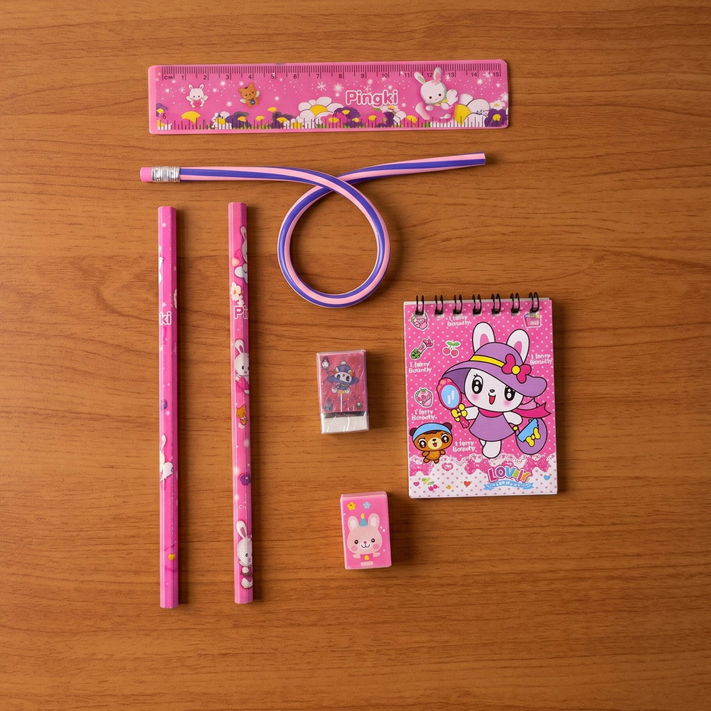 Kids stationery set showing pencils, ruler, eraser, notebook