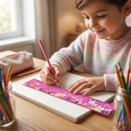 Drawing tools included in pink kids stationery set