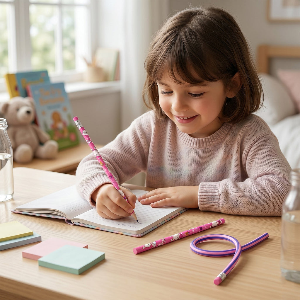 Child using pink kids stationery set happily