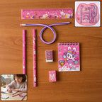 Pink 7-in-1 kids stationery set with pencils and ruler for girls