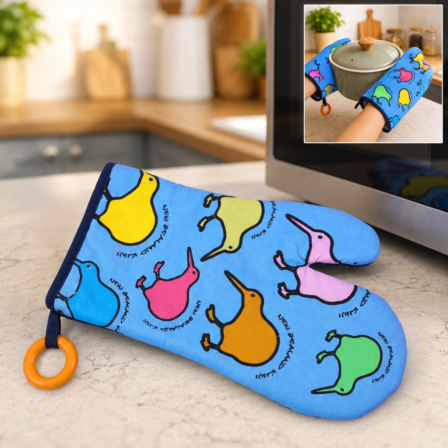 Blue heat resistant oven hand glove for cooking