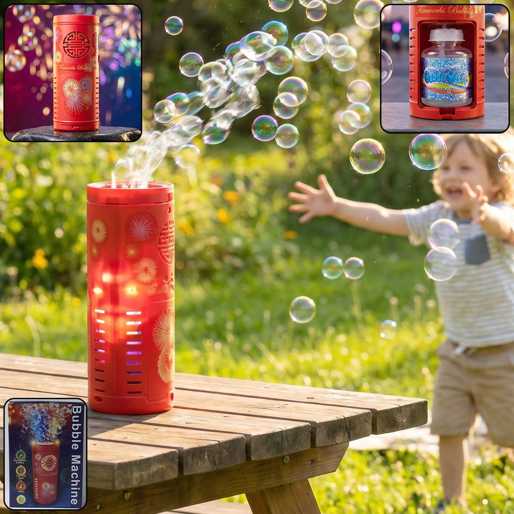 Automatic bubble blower creating bubbles for kids' fun with LED effects