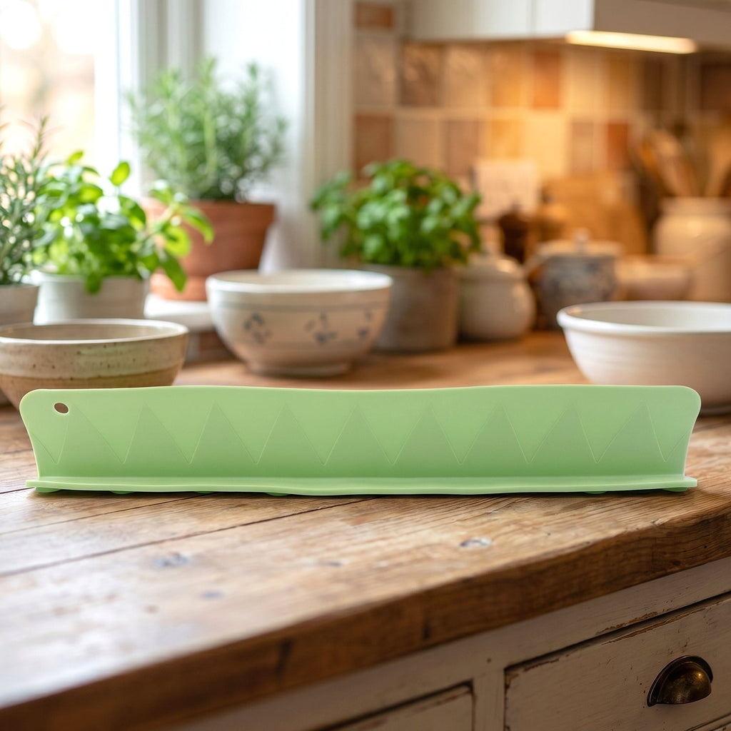 Kitchen sink splash guard installed on a counter, protecting from water.