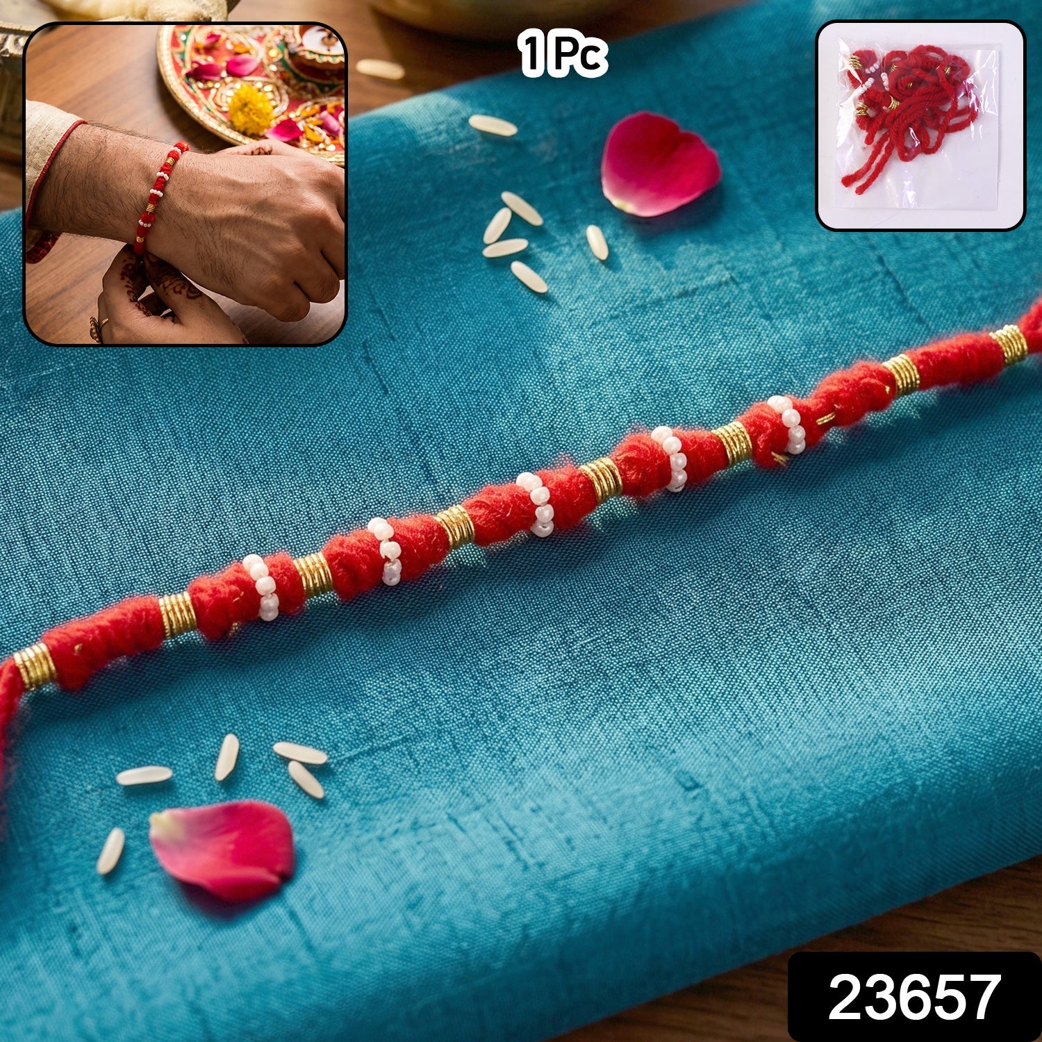 Handmade red cotton rakhi with traditional beadwork