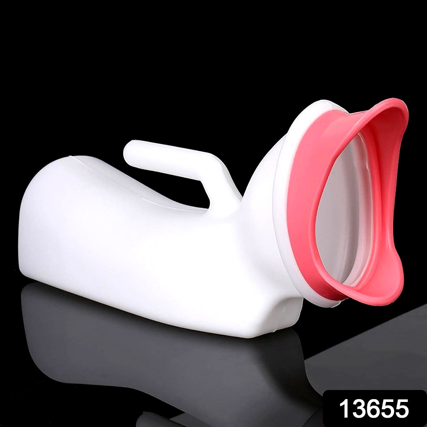 Side view of the portable female urinal, showcasing its ergonomic handle and compact form.