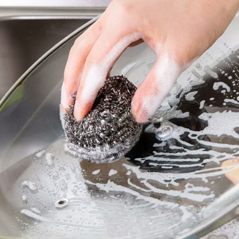 Pack of 12 round stainless steel scrubbers ready for heavy-duty kitchen cleaning.
