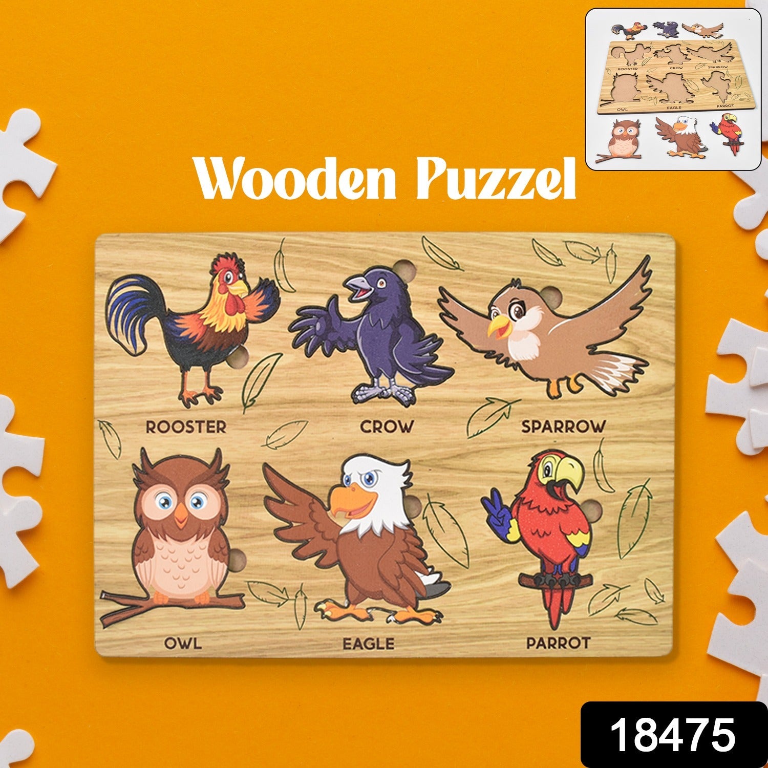 Child's hands playing with the vibrant Wooden Bird Puzzle, developing fine motor skills.