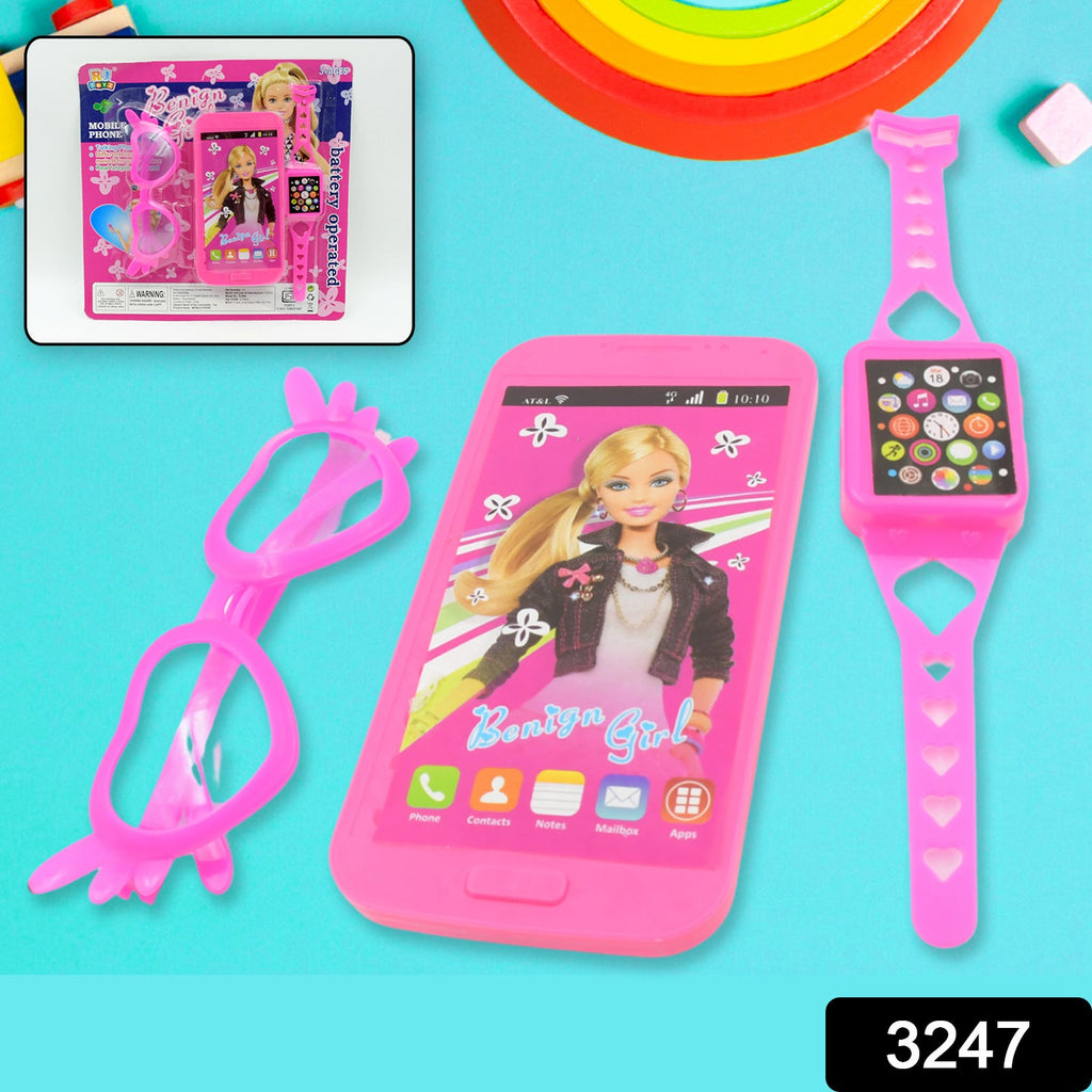 Close-up of the Barbie musical toy phone with a screen displaying a Barbie image and large buttons.