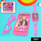 Close-up of the Barbie musical toy phone with a screen displaying a Barbie image and large buttons.