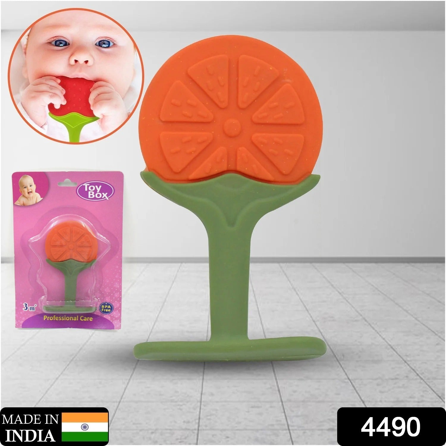 Assortment of colorful fruit teether toys for babies.