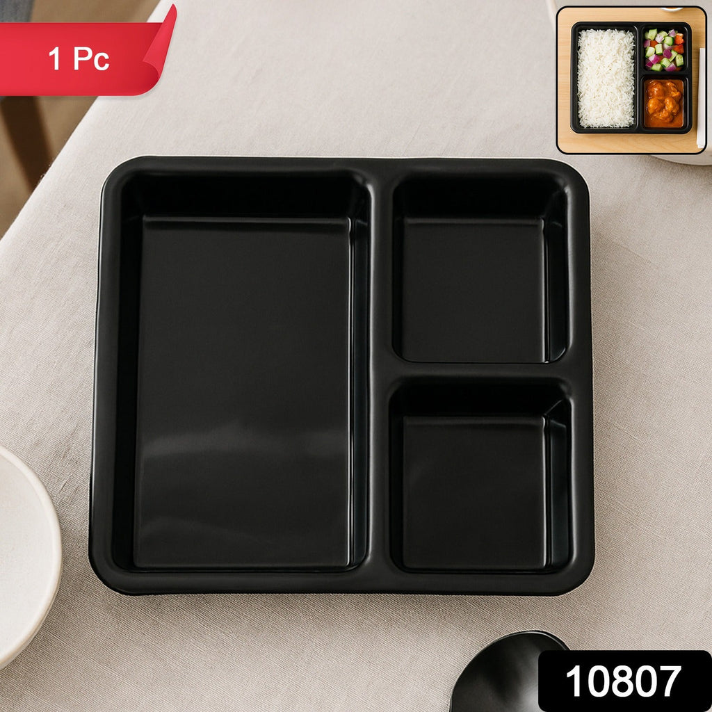 Rectangular 3-compartment meal serving tray for organized dining