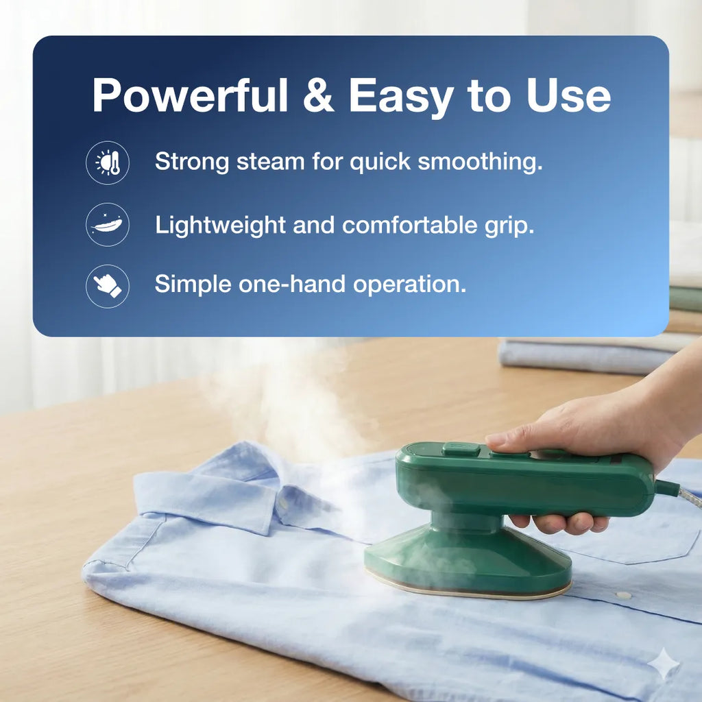 User steaming a shirt with the handheld garment steamer, showing ease of use.