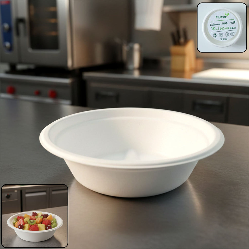 Single compostable bagasse bowl 240ml showing natural sugarcane fiber texture