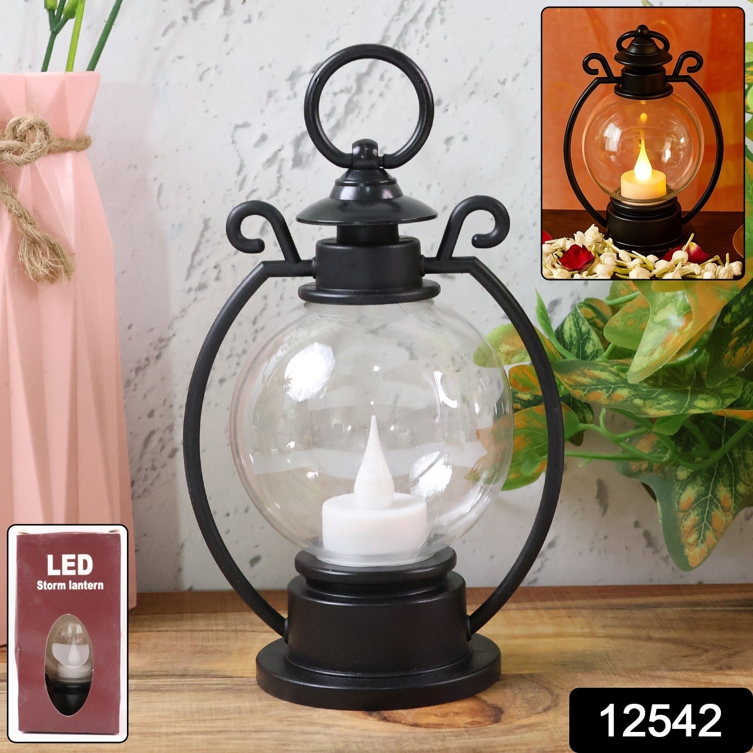 Battery operated LED storm lantern with classic round glass globe