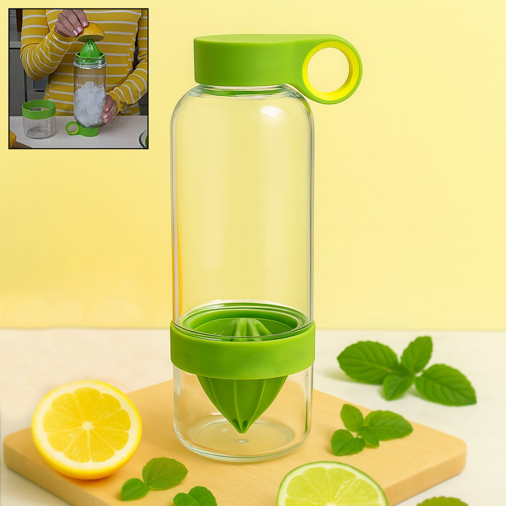 Compact fruit infuser water bottle with lemon and lime for daily hydration.