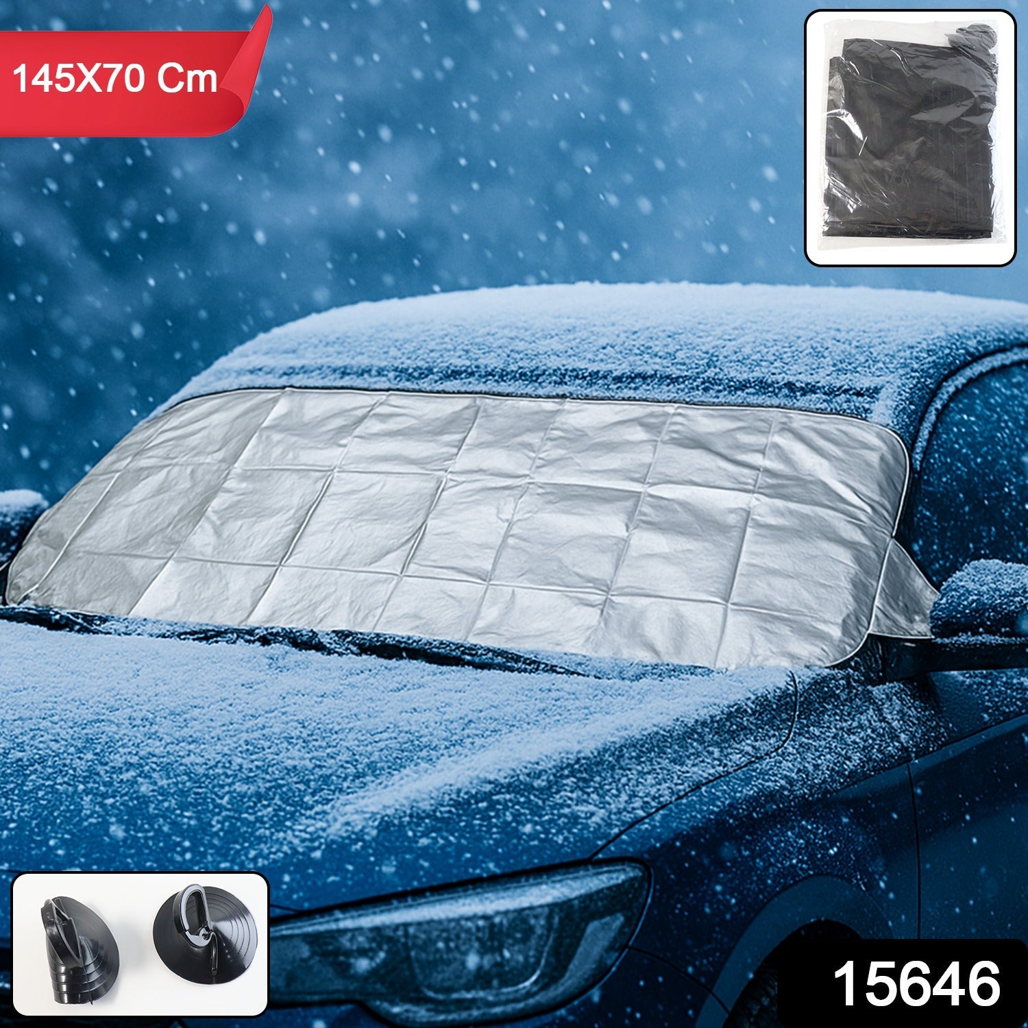 Close-up of suction cups and side flaps of car windshield protection cover