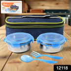 Two stainless steel tiffin boxes with plastic cutlery inside an insulated fabric bag