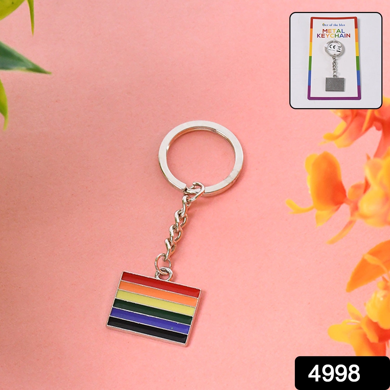 Close-up view of rainbow metal keychain highlighting its sturdy ring