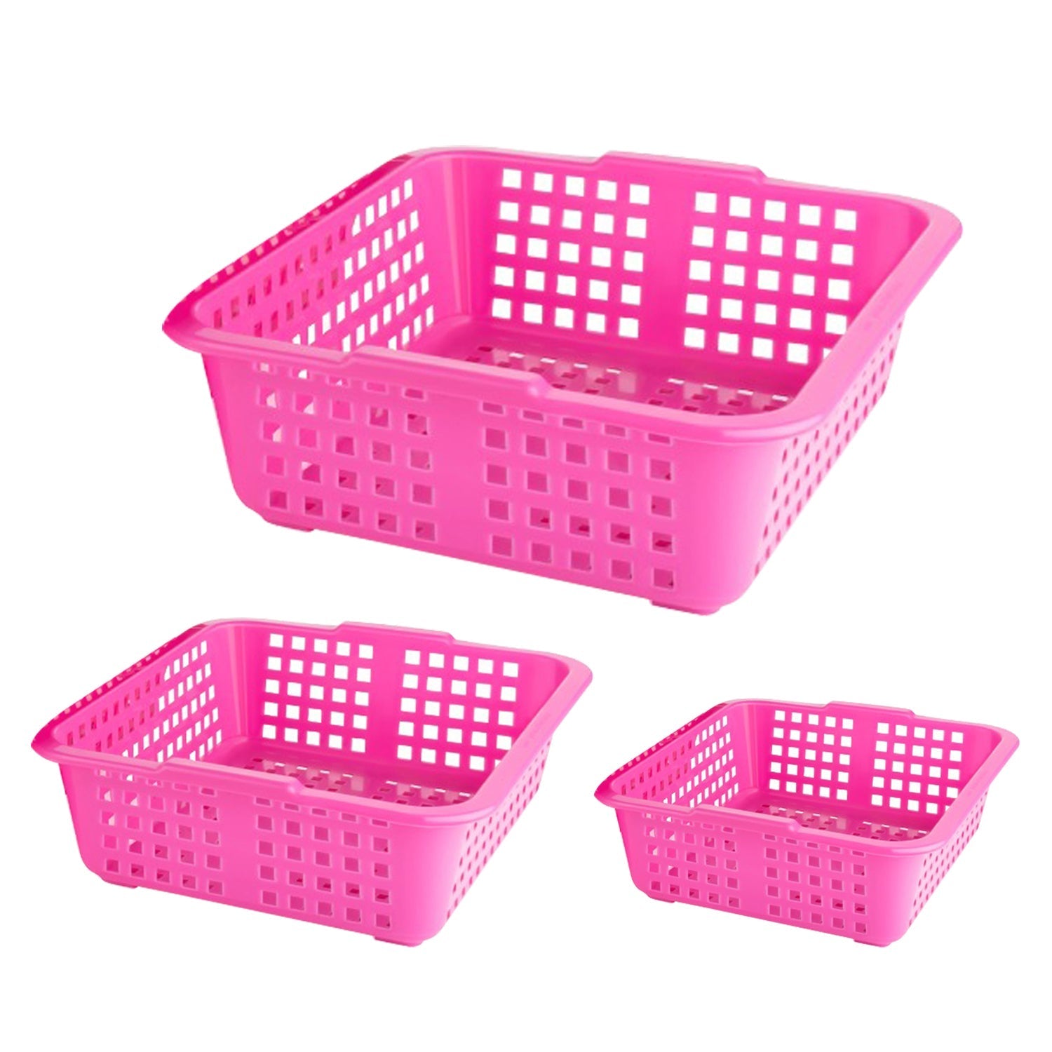 Large plastic fruit basket with a cane-like weave, filled with colorful fruits.