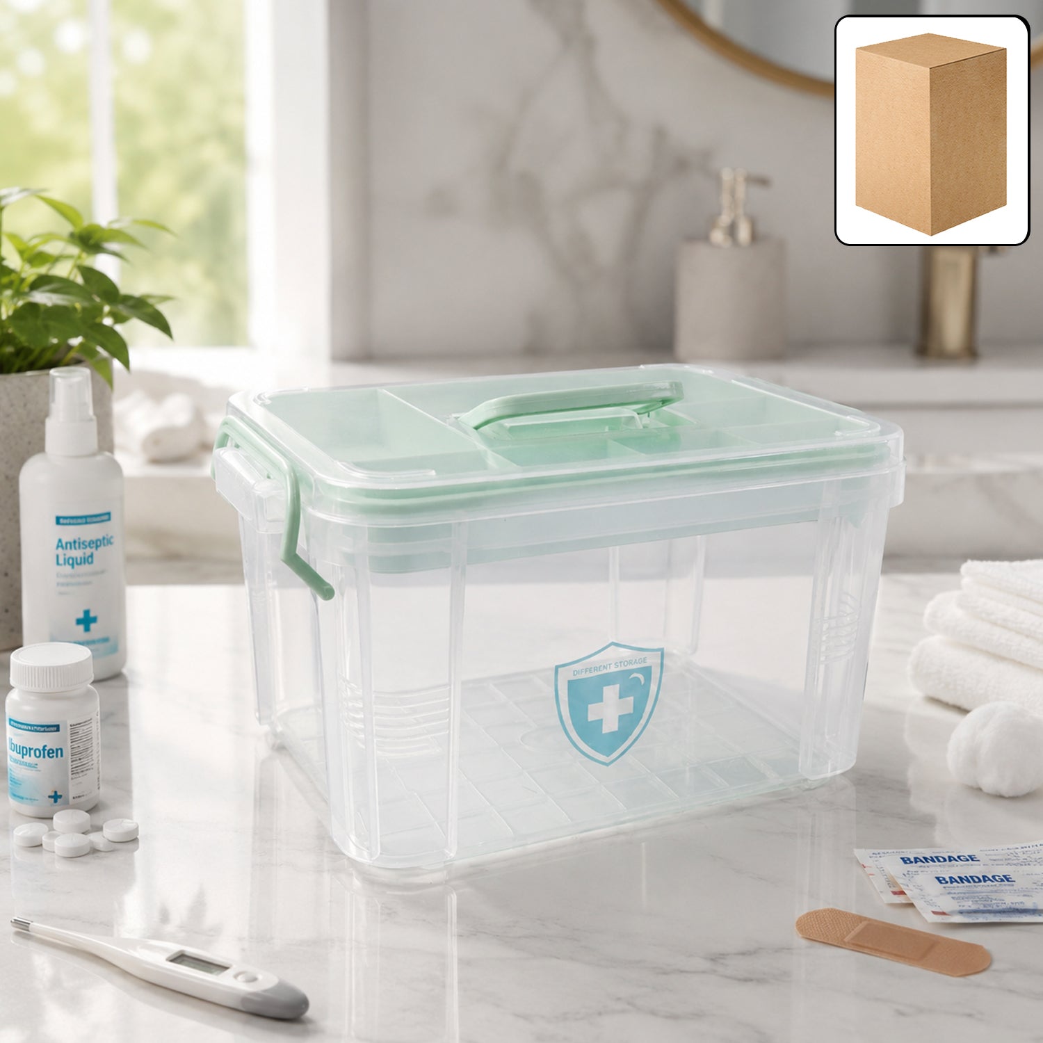 Open first aid medical box with compartments for supplies