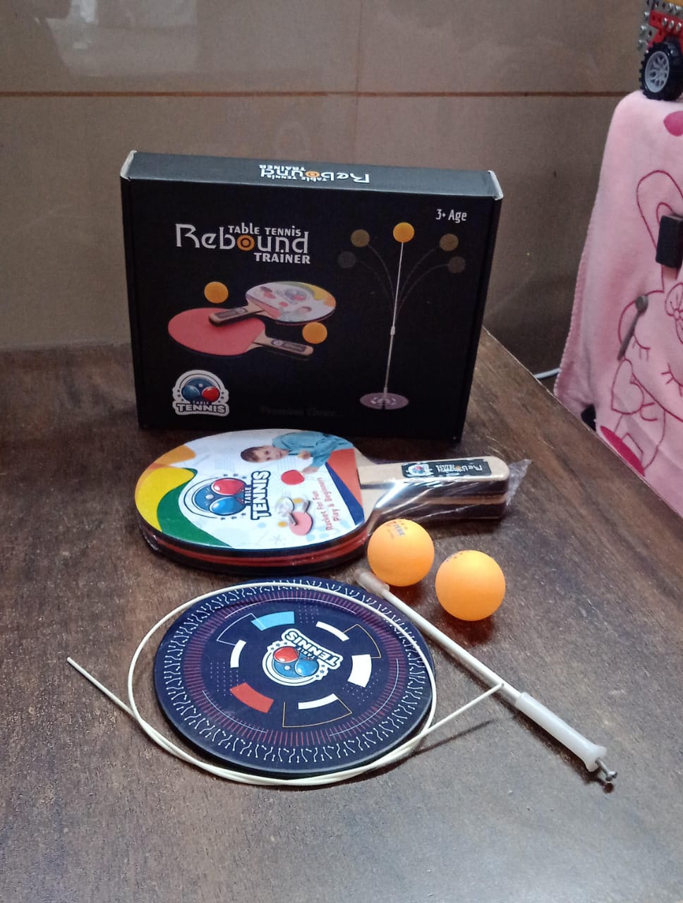Complete Portable Wiff Waff table tennis trainer set packed and ready to use.