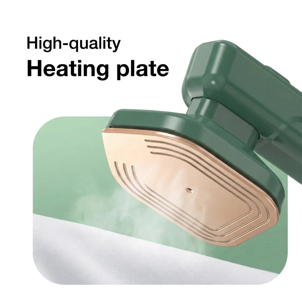 Close-up of the 2-in-1 portable iron's soleplate and water tank, detailing features.