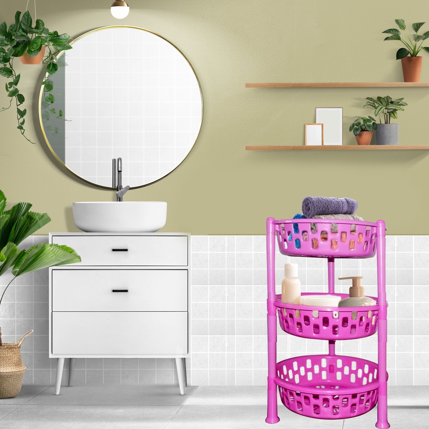 The versatile plastic storage rack displayed with various household items for organization.