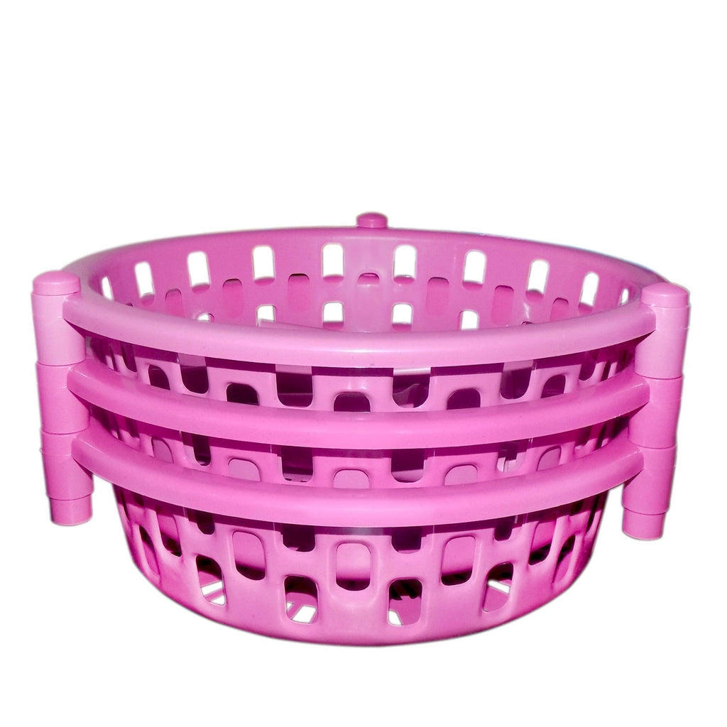 Close-up of the durable plastic storage rack's tiers, ready for home organization.