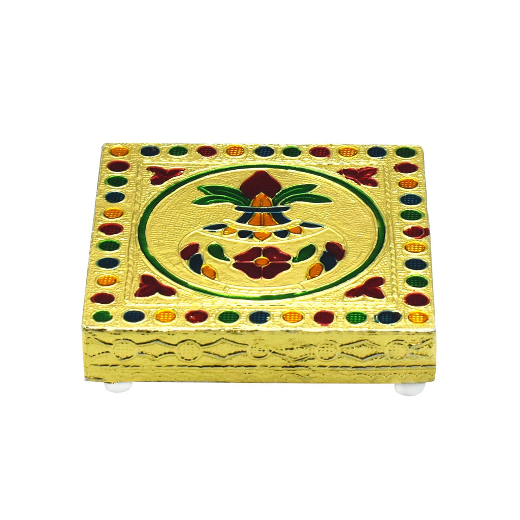 Handcrafted wooden bajot with detailed floral carvings, ideal for pooja or home decor.