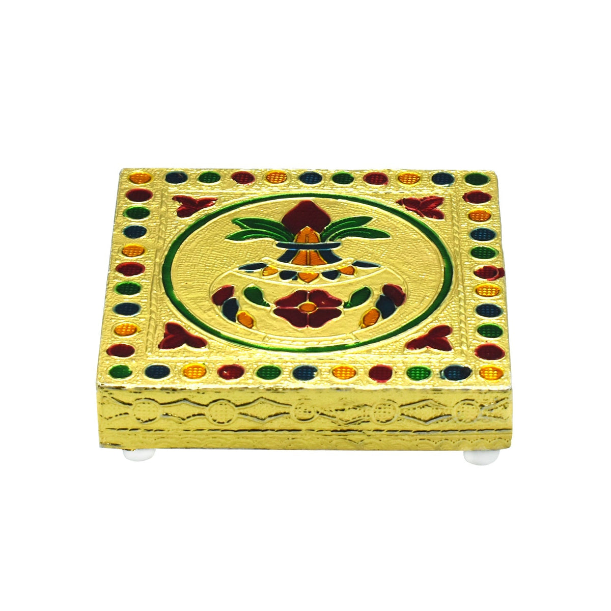 Handcrafted wooden bajot with detailed floral carvings, ideal for pooja or home decor.