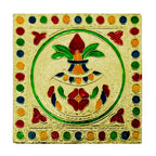 Artistic wooden bajot with a vibrant hand-painted surface, showcasing traditional Indian art.