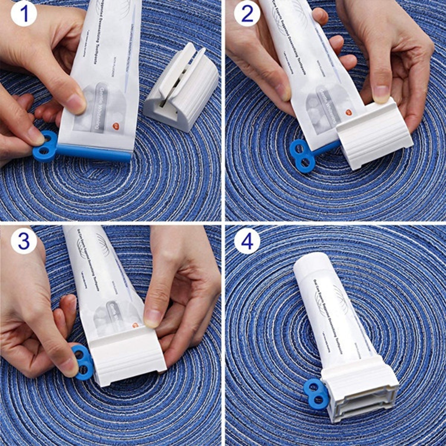 Rolling toothpaste tube holder with an empty tube, highlighting its waste reduction benefit.