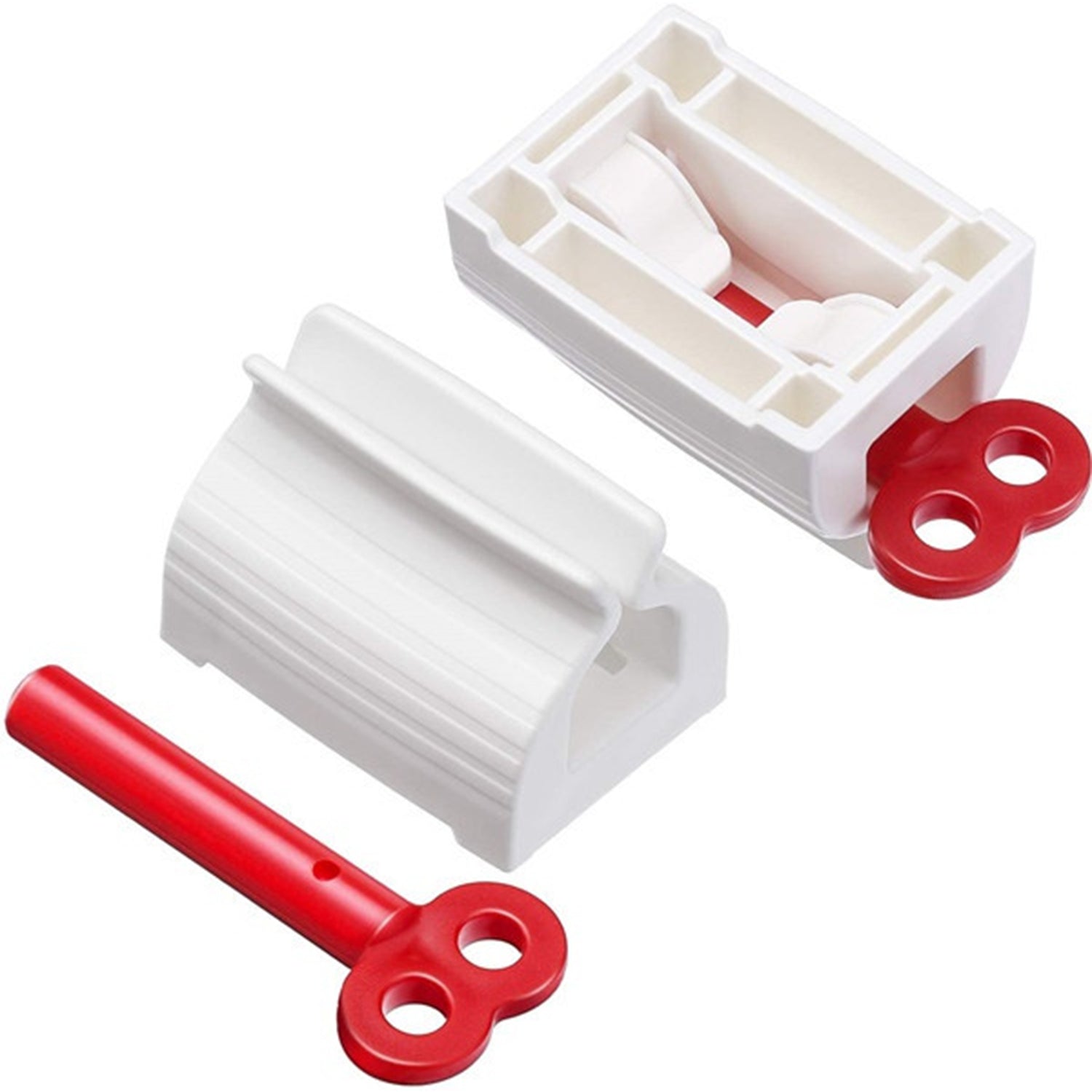 White toothpaste squeezer with a tube, showcasing its compact and space-saving design.