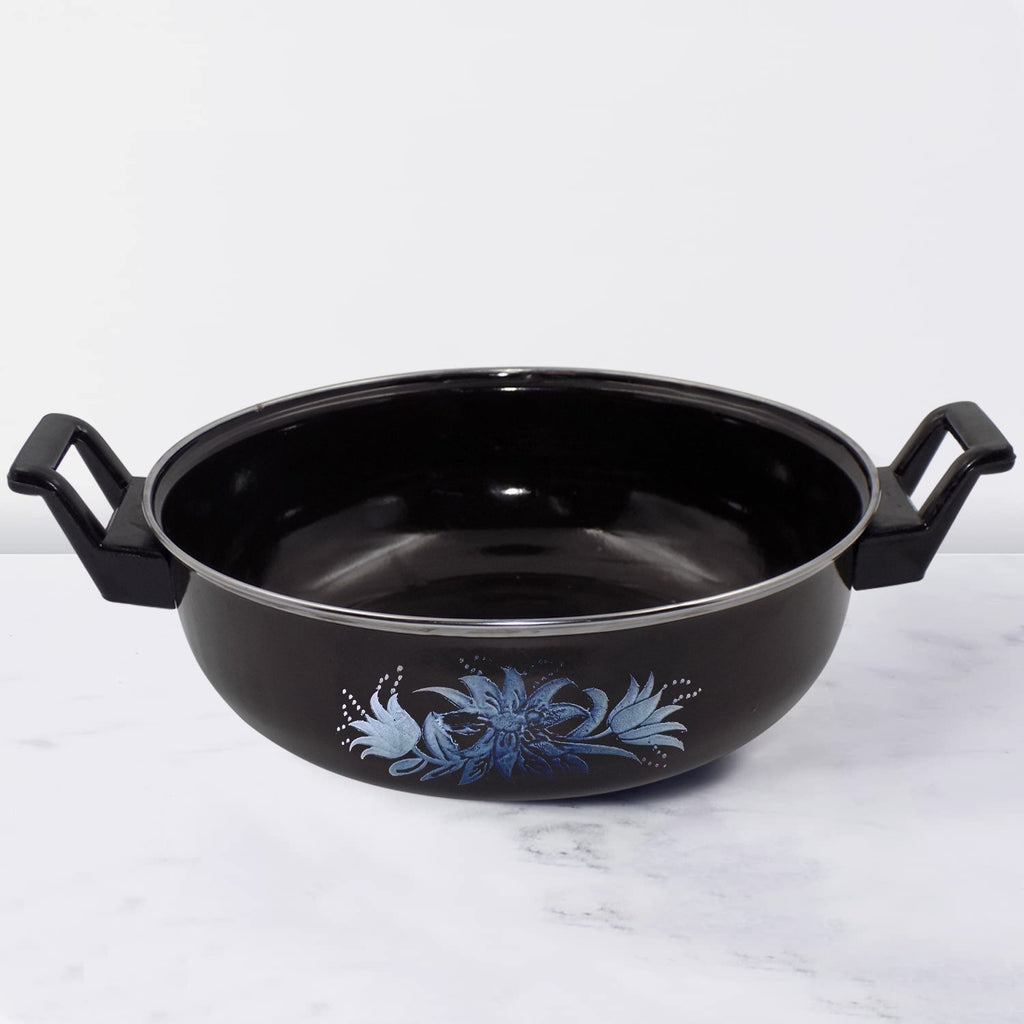 14 inch cast iron kadai showing rustic texture and wide base for Indian cooking