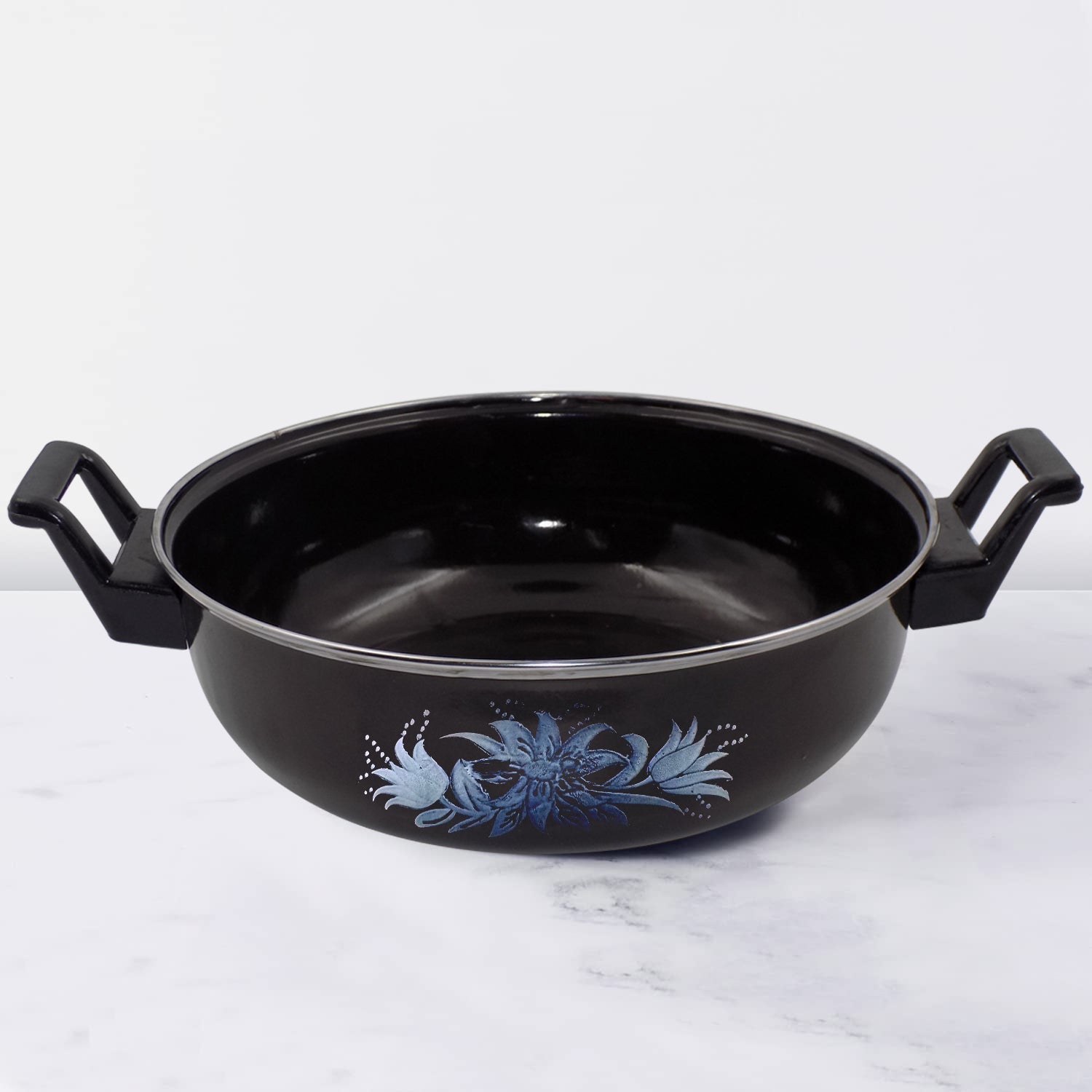 14 inch cast iron kadai showing rustic texture and wide base for Indian cooking