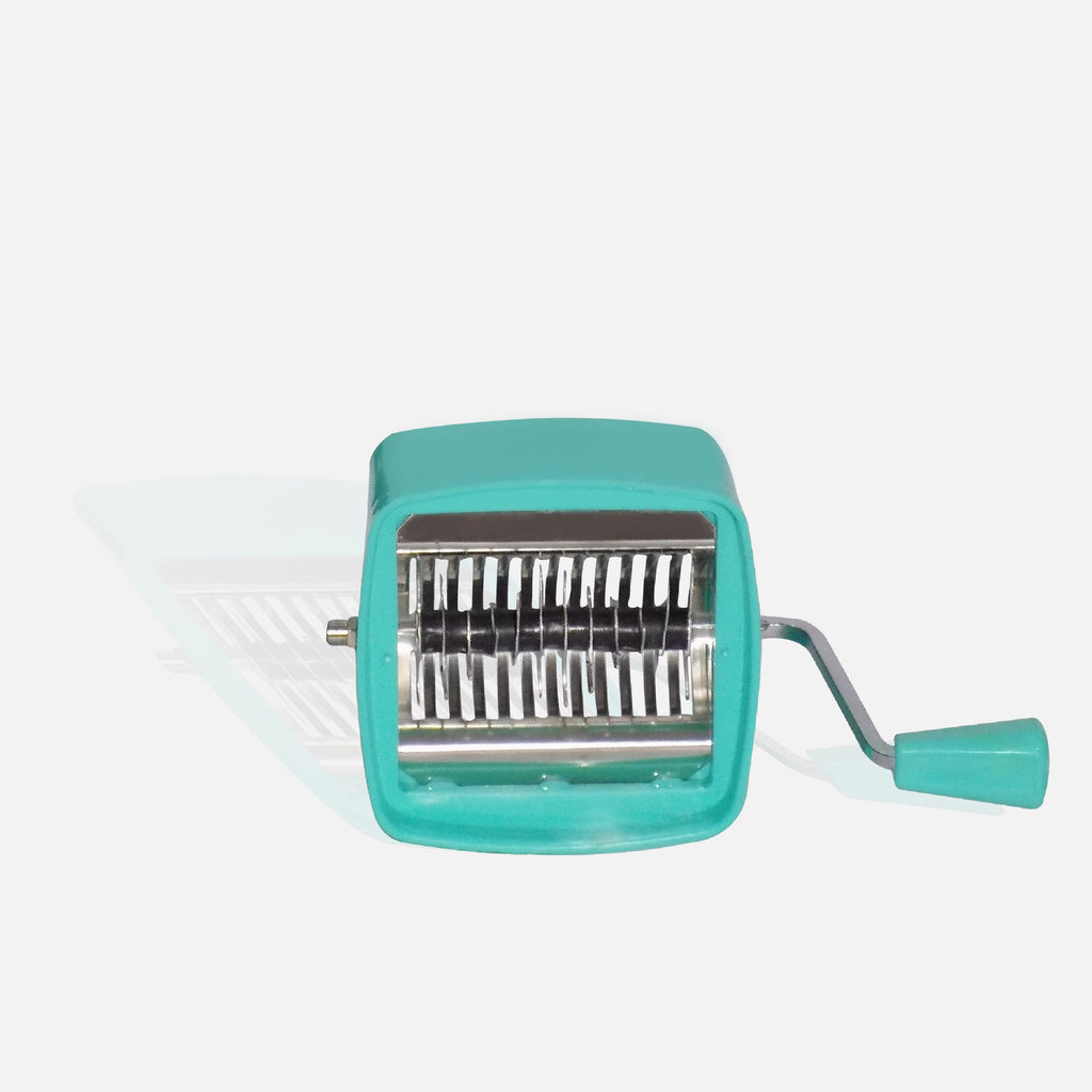 Versatile food chopper featuring a clear container for collecting chopped ingredients.
