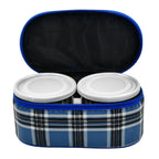 Close-up of the leak-proof plastic lids on stainless steel food containers.