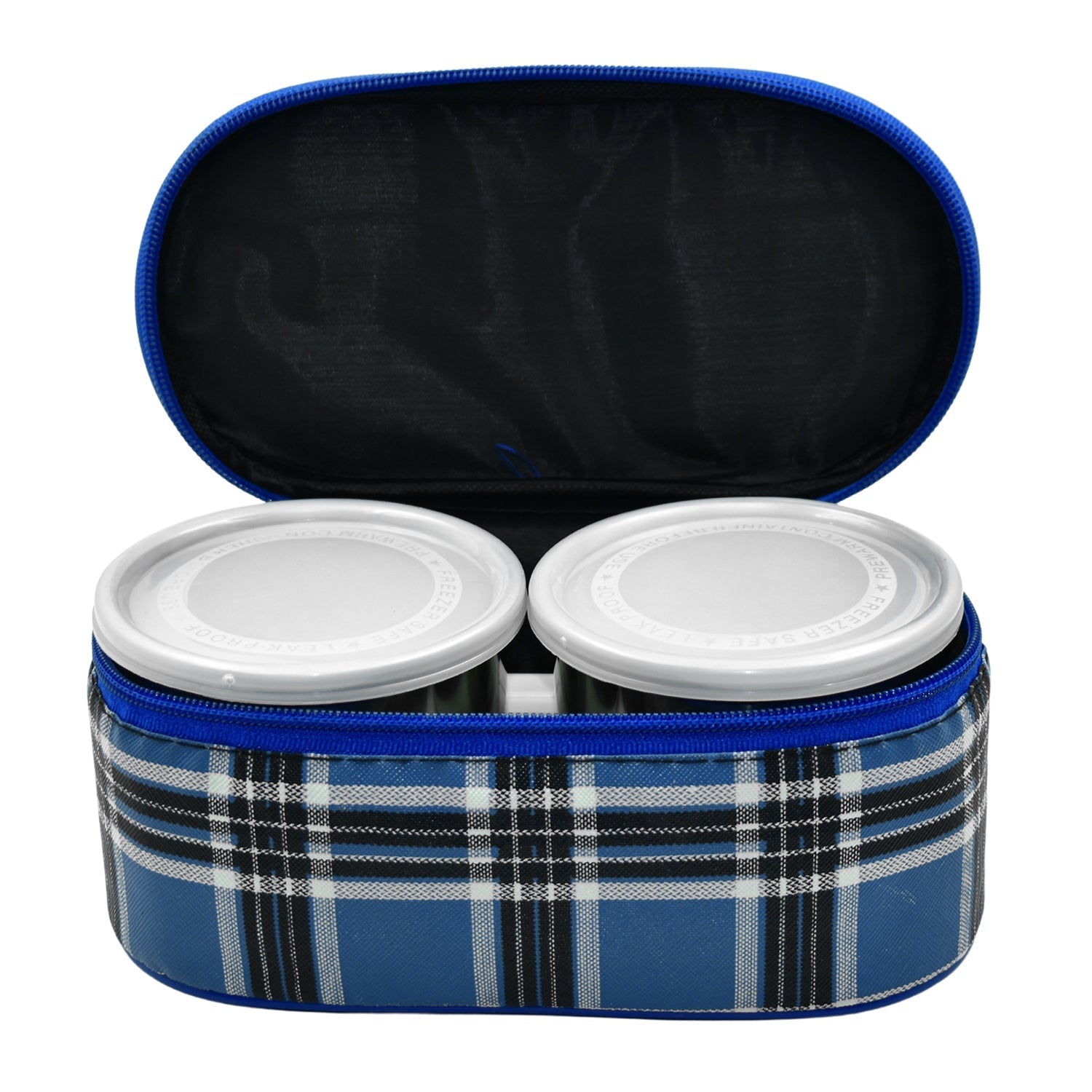 Close-up of the leak-proof plastic lids on stainless steel food containers.