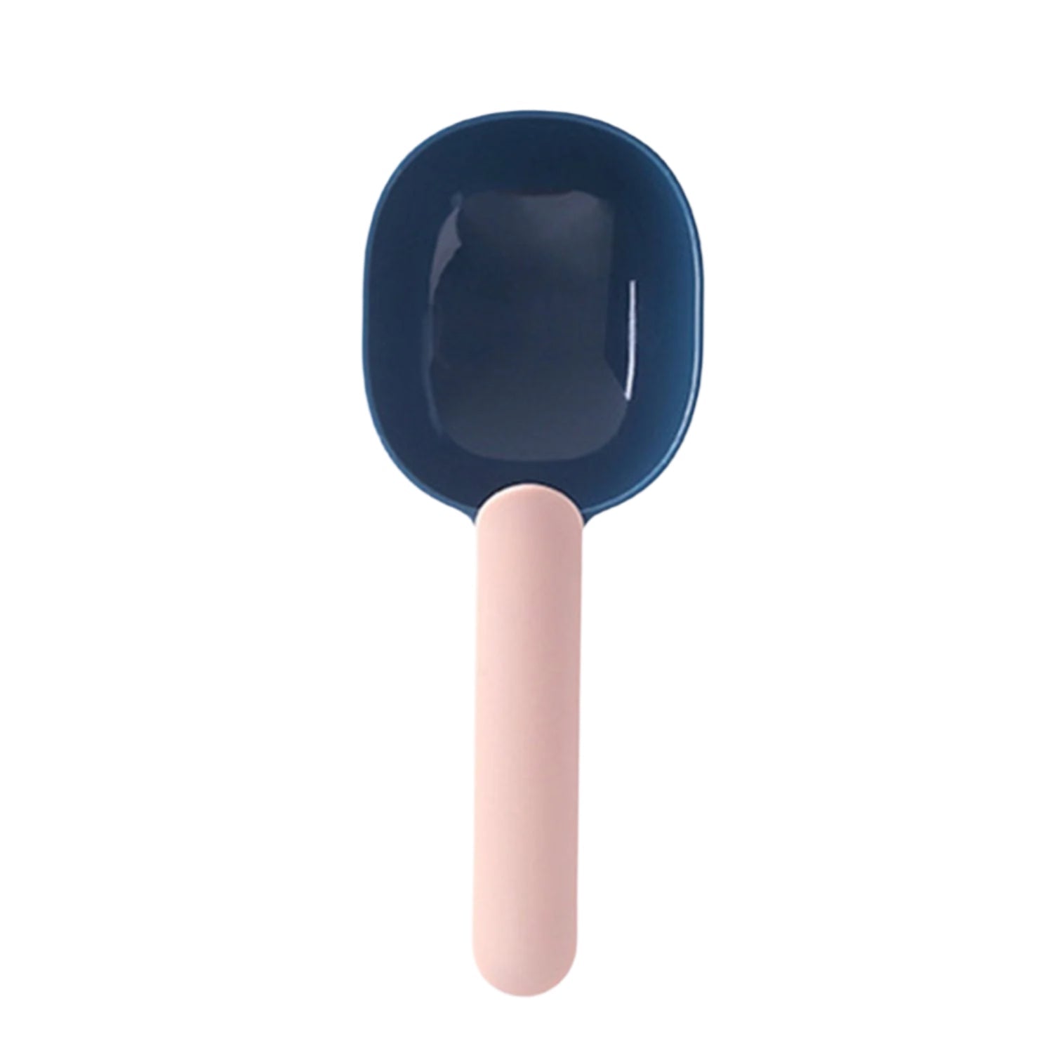 Pet food scoop with an ergonomic handle for comfortable and easy use.