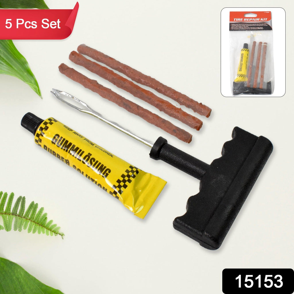 Tubeless tyre puncture repair kit with T-handle plugger, rubber solution, and seal strips.