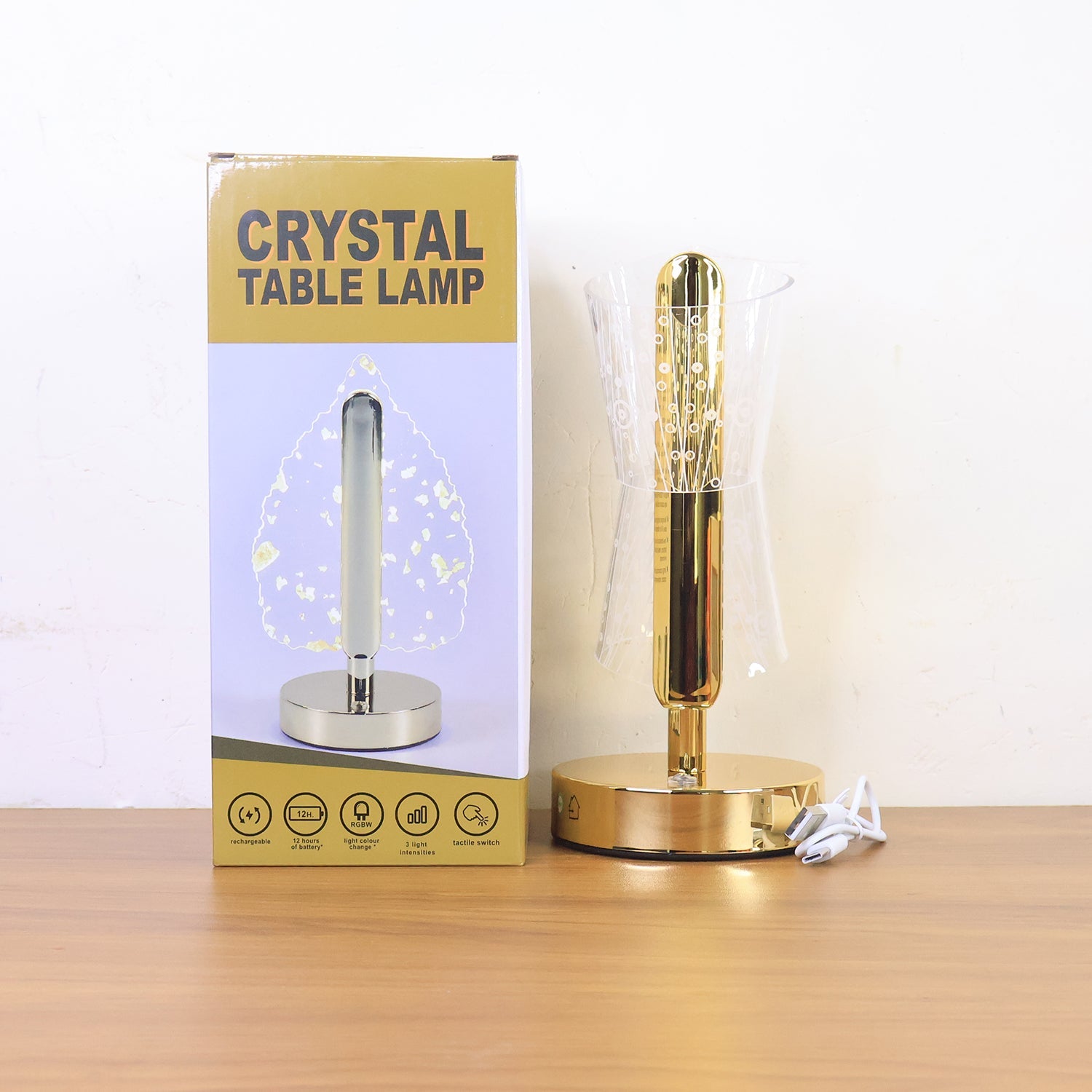 Artistic shot of crystal LED double shade lamp enhancing room décor