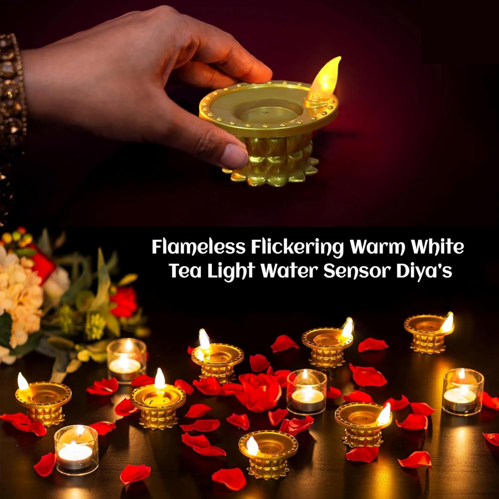 Set of three golden water sensor LED diyas glowing brightly.