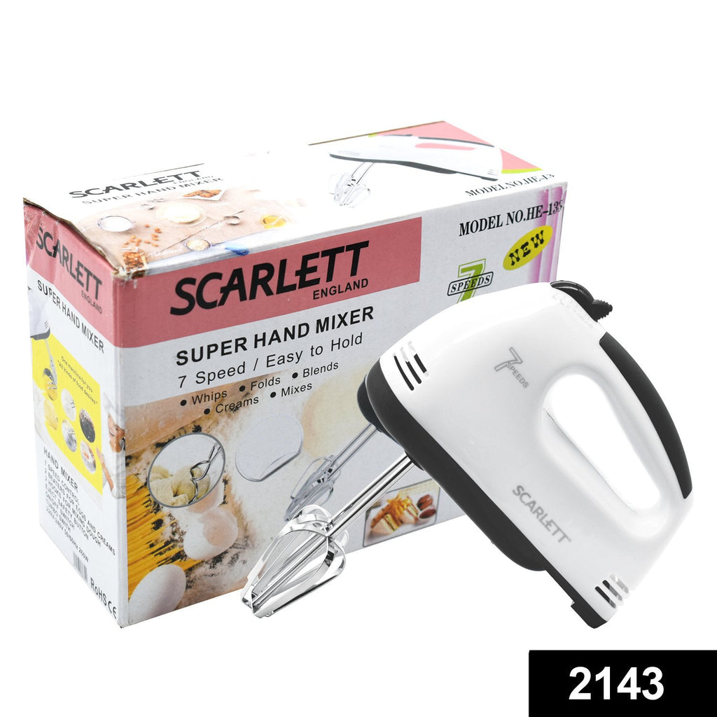 Compact 7-speed hand mixer with dough hooks and beaters displayed.