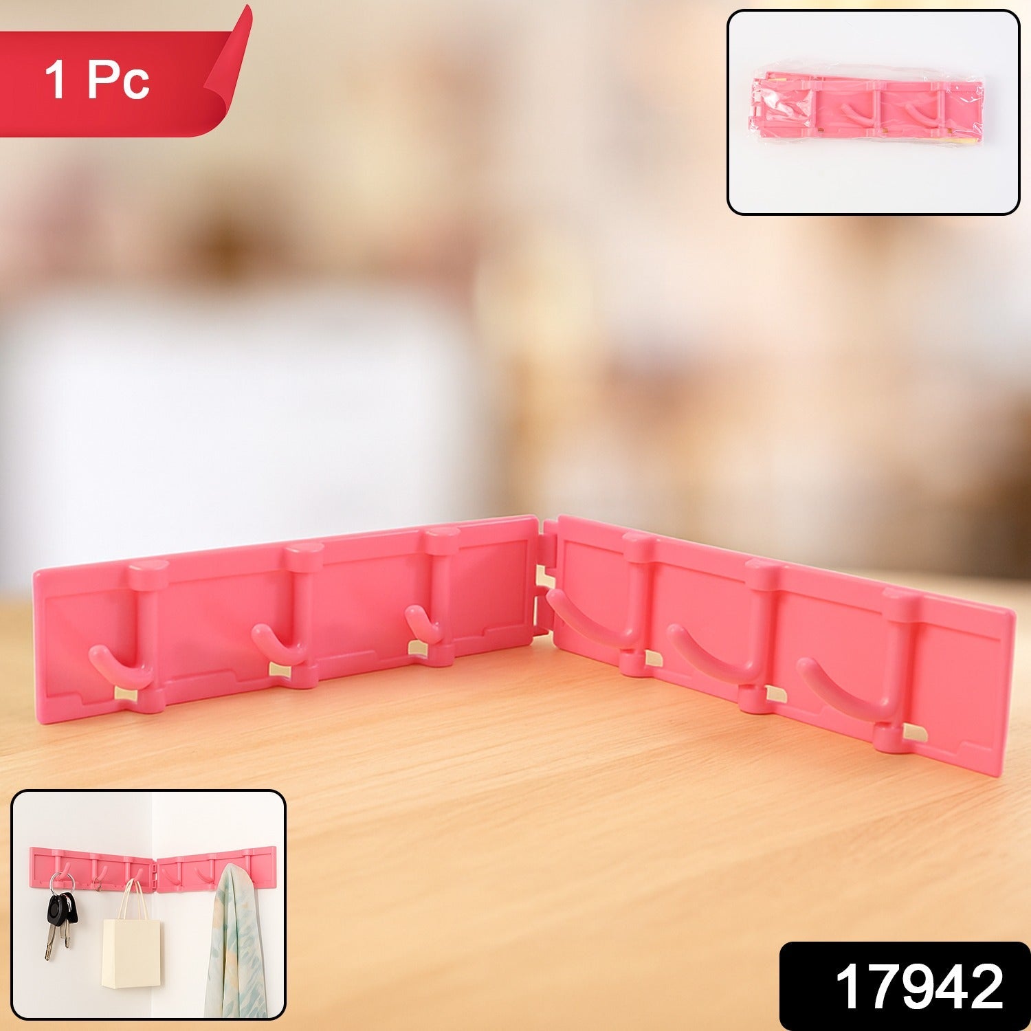 Adhesive wall hook storage rack showcasing 6 sturdy hooks holding kitchen utensils