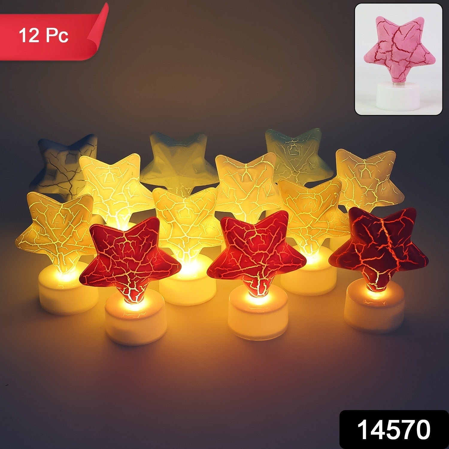 Close up of glowing star shaped LED tealight candles in warm LED light