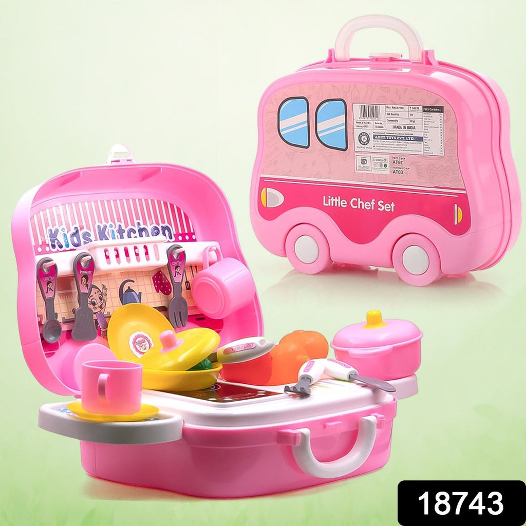Colorful 23-piece kids kitchen playset accessories spread out for play