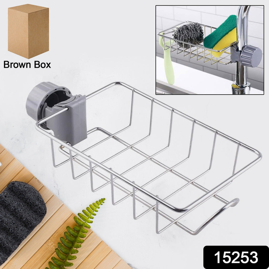 Sink caddy organizer securely clamped on kitchen faucet