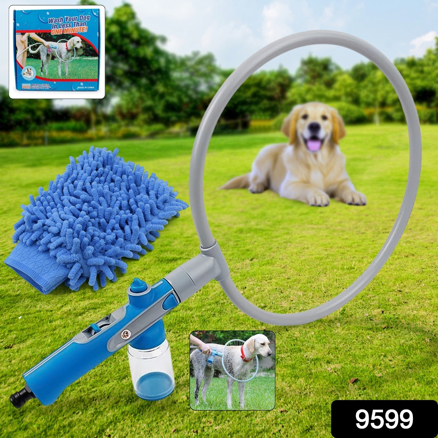 Close-up of the ring-shaped Pet Shower Sprayer head with a microfiber glove.