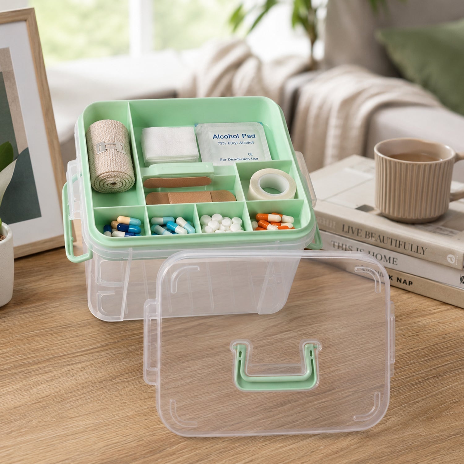 Medical storage box with secure locking lid and transparent body