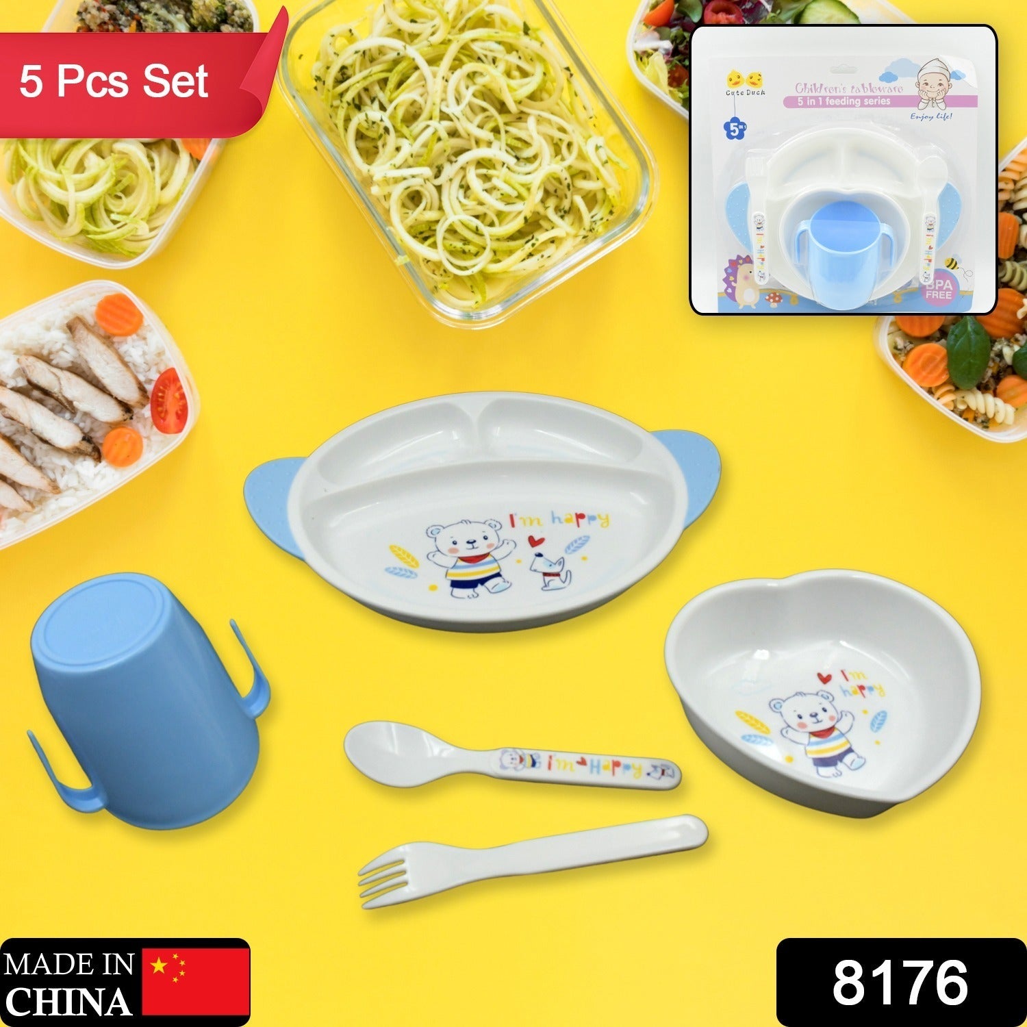 Top view of the divided plate and bowl from the kids dinnerware set.